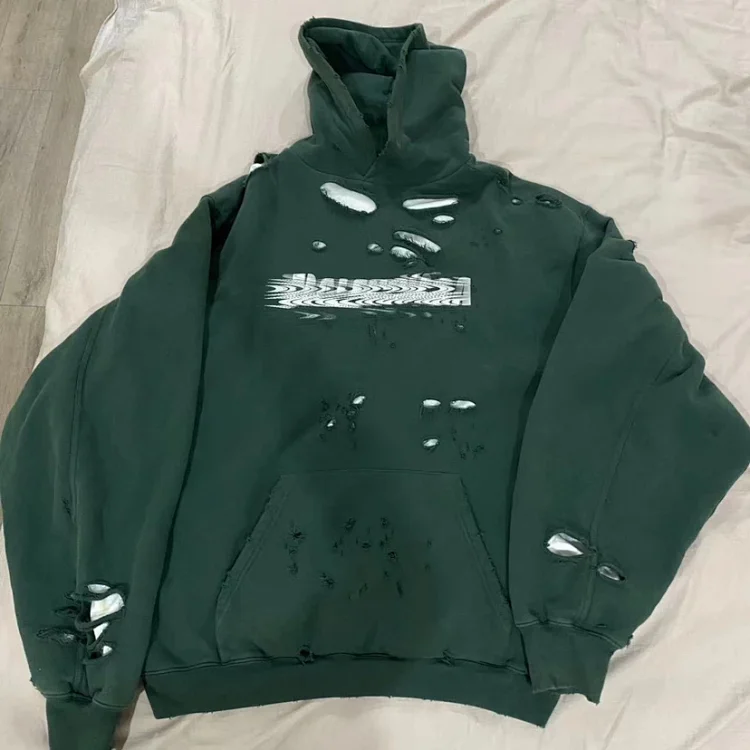  Distressed Green Hoodie with White Logo - Ripped Design [7 styles] -5